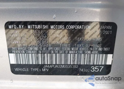 2021 Mitsubishi Outlander Sport 2.0 Be 2Wd/2.0 Es 2Wd/2.0 Le 2Wd/2.0 S 2Wd z USA, uszkodzony, nr VIN JA4APUAU2MU035382